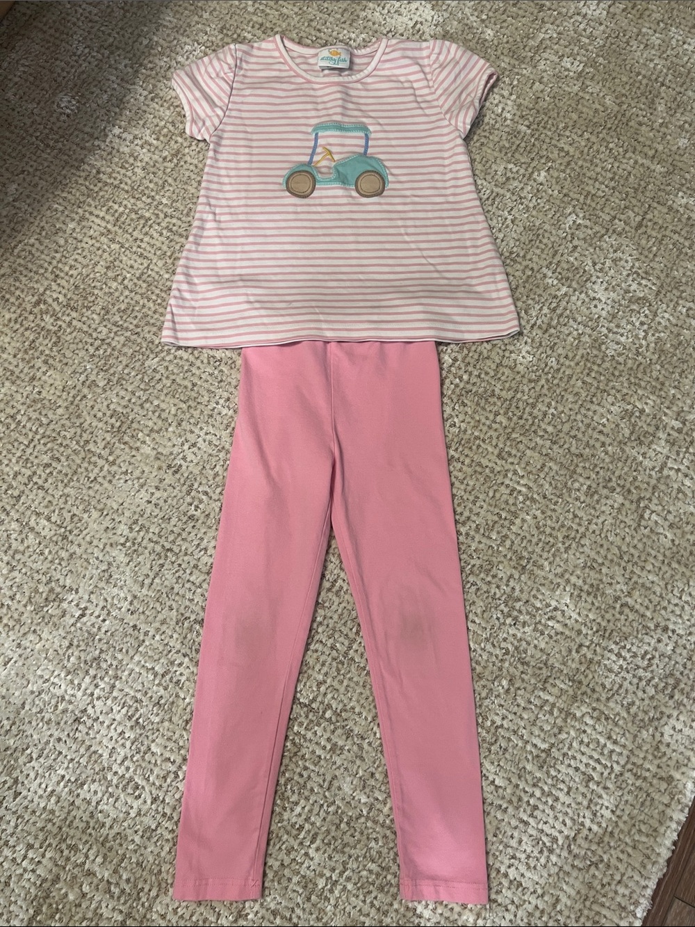 Stitchy Fish Girls Pink Striped Golf Cart Top & and pink leggings